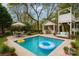 Rendering of a sparkling pool, outdoor kitchen, and lovely entertaining space with mature trees at 501 River Oaks Ln, Charlotte, NC 28226