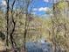 A serene view of the pond through bare tree branches, highlighting natural beauty at 127 High Ridge Rd, Mooresville, NC 28117