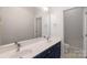 Bathroom with a double sink vanity, blue cabinets and ample mirror space at 18210 Pompano Pl, Cornelius, NC 28031