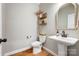 Powder room featuring a white pedestal sink, a toilet and wood-look floors at 4116 Spring Cove Way, Belmont, NC 28012