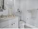 Small bathroom with white vanity, toilet and shower at 1017 N Sharon Amity Rd, Charlotte, NC 28211