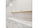Well-organized laundry room with white cabinets, quartz countertop, and ample storage for cleaning supplies at 15009 Brownleigh Ln # 26, Huntersville, NC 28078