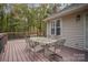 Wooden deck with outdoor table and chairs, wooded backdrop at 15450 Millview Trace Ln, Mint Hill, NC 28227