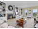 Bright living room with a fireplace, built-in shelving, and large windows with water views at 806 Lake Mist Dr, Stanley, NC 28164