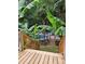 Beautiful backyard landscaping around the pool deck with tropical plants and a wooden staircase at 3107 Balkan Dr, York, SC 29745