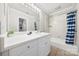 Bathroom featuring single vanity with framed mirror and tub/shower combination at 2545 Rea Rd, Charlotte, NC 28226