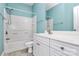 Bathroom with shower/tub combo and white vanity at 2030 Cambridge Beltway Dr, Charlotte, NC 28273