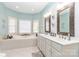 Spa-like bathroom with a large soaking tub, double vanity, and light blue walls at 4815 Sugar And Wine Rd, Monroe, NC 28110