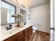 Bright bathroom with double sink, dark wood cabinets, and modern fixtures at 1096 Mountain Laurel Ct, Matthews, NC 28104