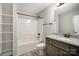 Bathroom with granite vanity, a tub and shower combination, and vinyl floors at 1681 Evans Dr, Lancaster, SC 29720