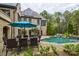 Inviting pool area with brick patio, seating, and umbrella at 16908 Ashton Oaks Dr, Charlotte, NC 28278