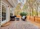 Wooden deck with patio furniture, offering wooded views at 216 Devon Forest Dr, Mooresville, NC 28115