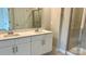 Bathroom featuring double sink vanity, glass enclosed shower, and tile flooring at 115 Ciara Pl # B, Mooresville, NC 28117