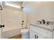 Bathroom with a granite countertop, white vanity, and shower-tub combo at 1162 Scenic Cir, Shelby, NC 28150