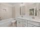 Modern bathroom with double vanity, tiled shower, and neutral color scheme at 305 Pawley Dr, Charlotte, NC 28214