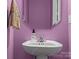 Small powder room with purple walls and pedestal sink at 18014 Pear Hawthorne Dr, Huntersville, NC 28078