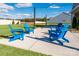 Landscaped backyard featuring Adirondack chairs and string lights at 7169 Chamberlain Dr, Harrisburg, NC 28075