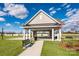 Community pavilion with string lights, benches, and picnic tables, ideal for outdoor gatherings and relaxation at 7169 Chamberlain Dr, Harrisburg, NC 28075