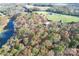 Serene aerial view of the property nestled amidst mature trees and a pond nearby at 3146 Captains Cove Ln, Lincolnton, NC 28092
