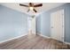 The bedroom has vinyl flooring, ceiling fan, and freshly painted walls, ready for comfort at 108 W Maryland Ave, Bessemer City, NC 28016