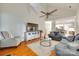 Bright living room with vaulted ceilings, ceiling fan, and plush carpet, perfect for relaxing or entertaining at 3195 Hadden Hall Blvd, Fort Mill, SC 29715