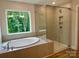 Spa-like bathroom featuring a soaking tub, walk-in shower, and scenic window views at 5115 Heathland Dr # 47, Charlotte, NC 28215
