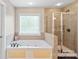Relaxing bathroom featuring a soaking tub with jets, a separate shower, and a large window for natural light at 8905 Valleymoon Ln, Charlotte, NC 28214