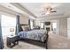 Inviting main bedroom with a tray ceiling, a large bed, a fireplace, and carpeted floors for added comfort at 8905 Valleymoon Ln, Charlotte, NC 28214