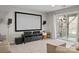 Finished basement with media setup, projector screen, and sliding glass door to backyard at 7520 Berkeley W Rd, Denver, NC 28037