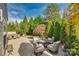 Relaxing backyard patio with comfortable seating and a fire pit, surrounded by lush greenery at 1035 Crescent Moon Dr, Fort Mill, SC 29715