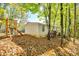 View of the backyard with a play set and wooded area surrounded by fallen leaves at 5320 Liberty Hill W Rd, York, SC 29745
