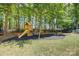 Backyard playground area, featuring a playset, swings, slide, and picnic table under the trees at 14027 Grand Traverse Dr, Charlotte, NC 28278