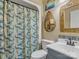 Bathroom with toilet and sink, featuring shower with peacock-themed curtain, teardrop shelf, and gold framed mirror at 294 Carroll Cv, Clover, SC 29710