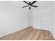 This bright bedroom has a modern ceiling fan and white trim at 1097 Georgetown Rd, Lincolnton, NC 28092