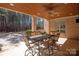 Charming covered patio with brick columns, ceiling fan, and dining set overlooking lush greenery at 1716 Funny Cide Dr, Waxhaw, NC 28173