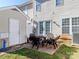This backyard has a patio with chairs and a small shed with a basketball hoop at 3000 Misty Harbor Cir # F, Cramerton, NC 28032