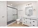 Modern bathroom with white vanity, marble shower, and hexagon floor tiles at 429 Dare Dr, Charlotte, NC 28206