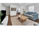 Cozy living room featuring a blue sofa, coffee table, and hardwood floors at 128 Hugh Caldwell Rd, Charlotte, NC 28214