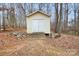 Outdoor storage shed painted yellow with white trim and double doors surrounded by leafless trees at 141 Byers Rd, Troutman, NC 28166