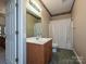 Bathroom featuring a wooden vanity, framed mirror, and shower with patterned curtain at 25040 Timberlake Dr, Tega Cay, SC 29708