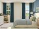 Bedroom with teal curtains and striped bedding, dresser, and plants at 4499 Potters Wheel Dr, Fort Mill, SC 29715