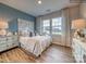 Bedroom with a tranquil atmosphere, featuring a unique headboard and natural light at 123 Dogwood Grove Pl, Troutman, NC 28166