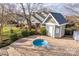 Above ground hot tub on a brick paver patio surrounded by a fence and a small building at 8218 Legare Ct, Charlotte, NC 28210