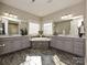 Main bathroom with double vanity, soaking tub, and grey cabinets at 946 Emory Ln, Fort Mill, SC 29708