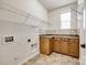 Functional laundry room with cabinets, granite counters, tile backsplash and open shelving at 373 Fischer Rd, Fort Mill, SC 29715