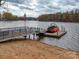 Private dock and waterfront area with a boat lift, ideal for water activities at 1140 Inlet Pointe Rd, Salisbury, NC 28146