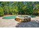 Backyard pool with connected spa and lush landscaping for privacy at 16515 Governors Club Ct, Charlotte, NC 28278