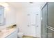 Simple bathroom with shower, toilet and white vanity at 4754 Hedgemore Dr # S, Charlotte, NC 28209