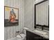 Stylish powder room with geometric wallpaper, modern fixtures, and framed wall art at 116 Hunt Camp Trl # 11, Davidson, NC 28036