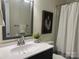 Bathroom featuring framed mirror over the sink, decorated with plants and a leaf-themed painting at 9709 Calpher Ct, Matthews, NC 28105